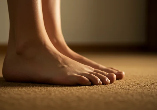 Close-up of bare feet on a warm wooden floor for grounding