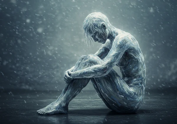 Person feeling paralyzed, frozen in thought, surrounded by ice