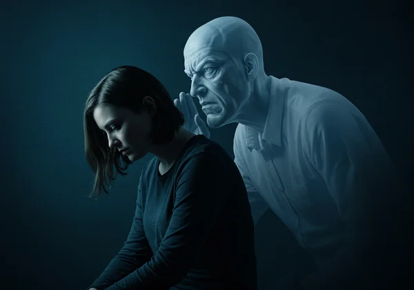 一个女人，身边有一个阴影般的内在批评者在低语着羞耻。