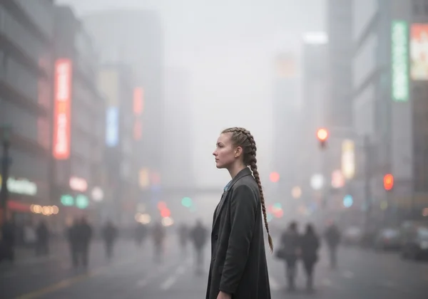 Person viewing a foggy, unreal world through glass