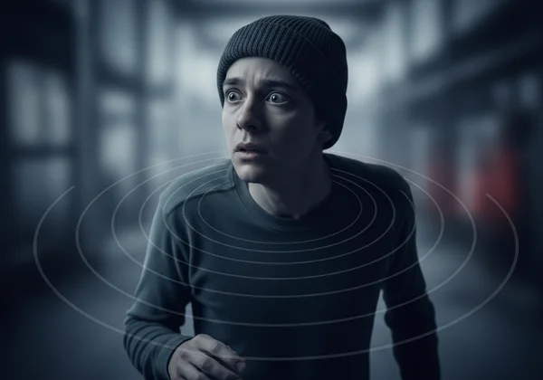 Person feeling hypervigilant, on constant alert.