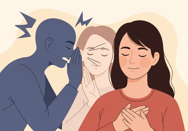 A person quieting an inner critic with gentle, compassionate hands