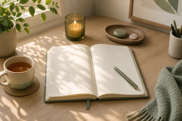 Calm desk with trauma recovery notes