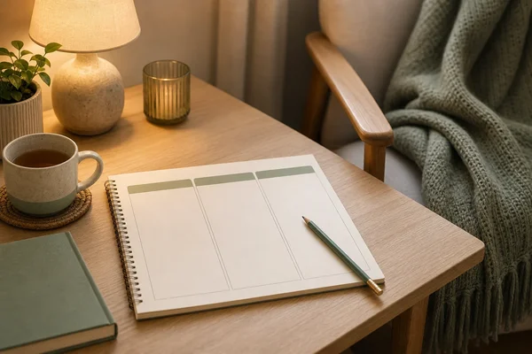 Gentle reading plan beside warm light